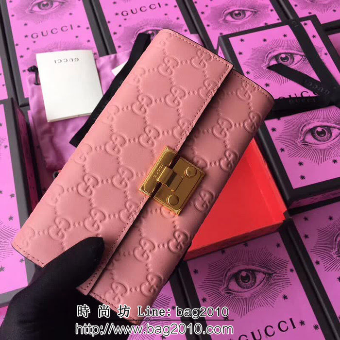 GUCCI古馳 歐洲正品原單 padlock系列 最新二折款 爆款鏈條皮夾 453506 粉色壓全皮 WTG1185